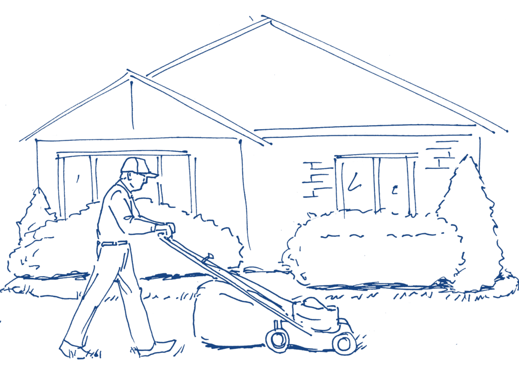 Drawing of a person mowing a lawn.
