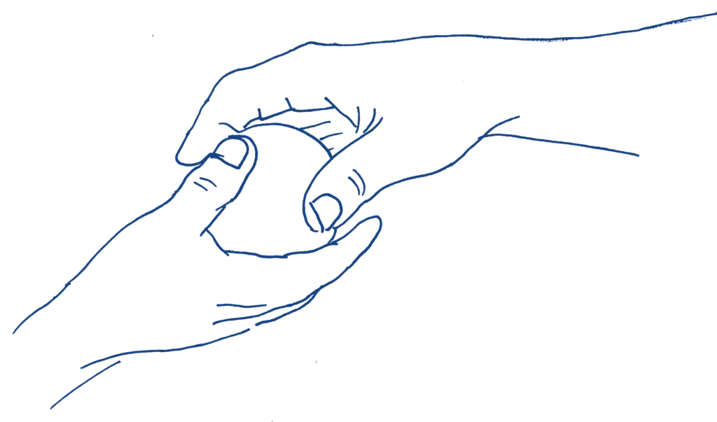 Drawing of a person handing someone a piece of fruit